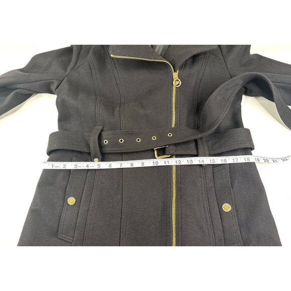 Michael Kors Asymmetric Zip Wool Blend Coat Black Women's Size 8 Belted Hooded - Picture 8 of 16
